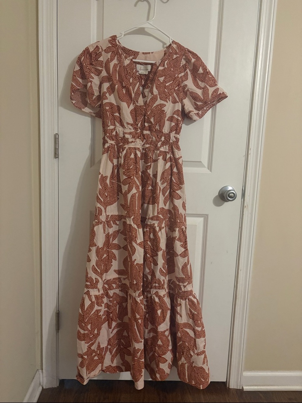 Anthropologie Cream Maxi Dress with Rust Leaf Print